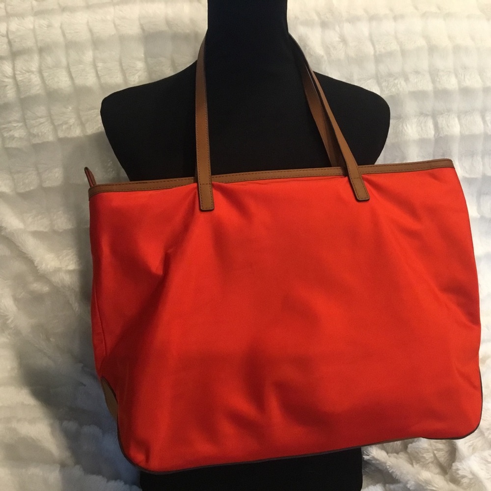 Michael Kors Kempton Red Nylon Brown Leather Shoulder Tote Bag Purse Like New - Picture 4 of 9